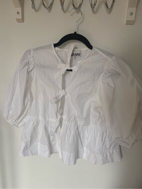 Ganni White Poplin Puff-Sleeve Tie-Front Blouse XS